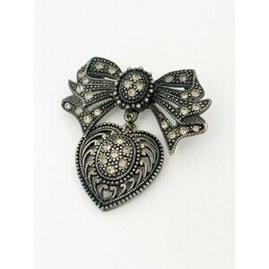 Vintage Marcasite Heart Brooch Art Deco Bow Dark Academia Aesthetic